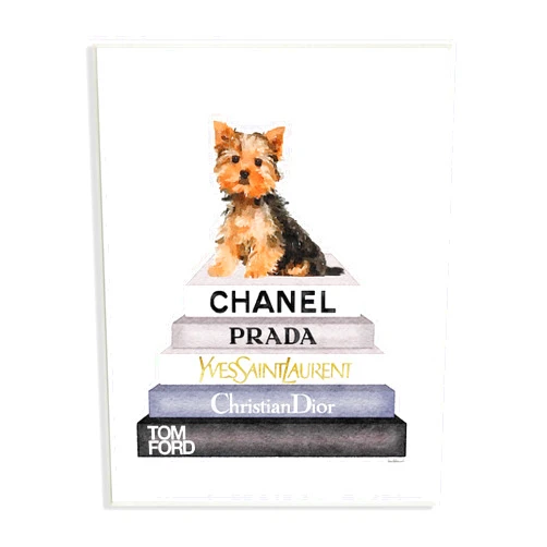 Stupell Industries Book Stack Yorkie Dog Glam Fashion Watercolor Wall Plaque, 10x15, Multi-Color