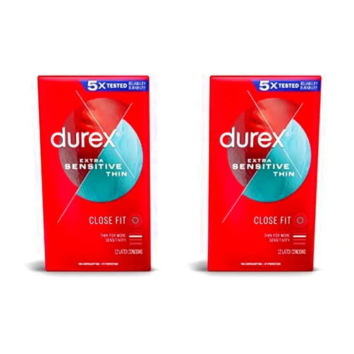 Durex Extra Sensitive Lubricated Ultra Thin Premium Condoms, Close Fit, 12 Ct, FSA/HSA Eligible, Discreet Packaging (Pack of 2)