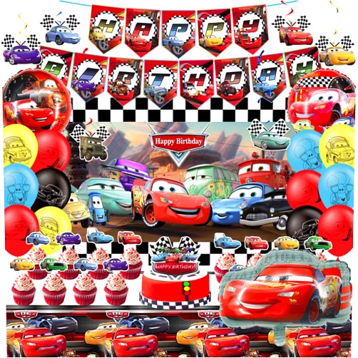 MLEDUY Cars Birthday Party Supplies, Cars Birthday Party Decorations Include Birthday Banner, Foil Balloons, Backdrop, Tablecloth, Cupcake Toppers for Boys Girls
