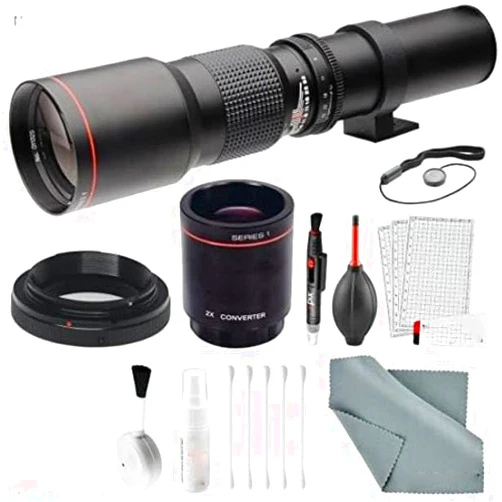 Photo Savings Super-Powered 500mm/1000mm f/8.0 Telephoto Lens (Black) with 2X Professional Multiplier for Nikon Digital SLR Cameras and Deluxe Accessory Bundle with Xpix Cleaning Kit