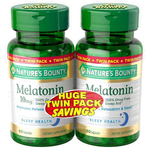 NBTY.inc - US Nutrition,inc. Melatonin by Nature's Bounty, 100% Drug Free Sleep Aid, Dietary Supplement, Promotes Relaxation and Sleep Health, 10mg, 60 Capsules (Pack of 2) 60 Count (Pack of 2)