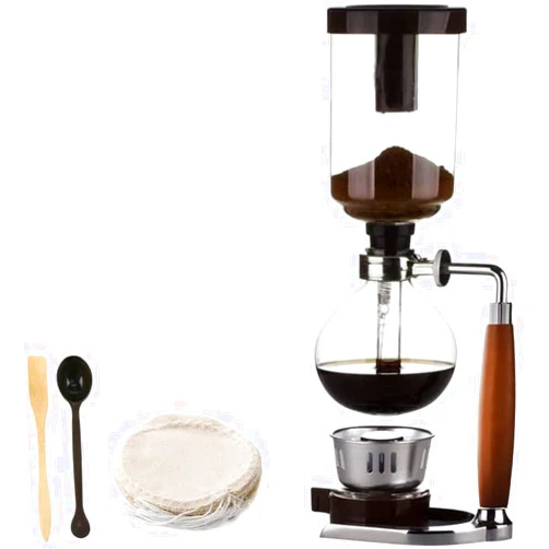 Peoxo 5 Cup,Siphon Coffee Maker with Wooden Handle ，syphon coffee brewer，coffee siphon，Vacuum Brewer Pot, Japanese Syphon Machine, Glass Drip Coffee Maker Set,Comes With 10 Sheets Of Coffee Filter Cloths