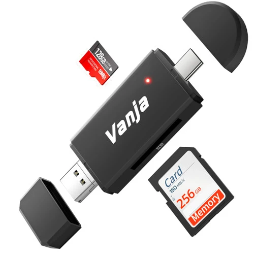 Vanja 3-in-1 SD Card Reader USB-C/USB-A/Micro USB Portable Memory Card Reader Trail Camera SD Card Adapter for SD, SDXC, SDHC, MMC, RS-MMC, Micro SD, Micro SDXC, Micro SDHC and UHS-I Cards