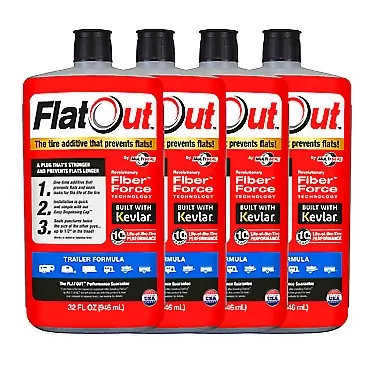 FlatOut Tire Sealant - Trailer Formula, Prevents and Repairs Flat Tires, Seals Leaks, Contains Kevlar, 32 Ounce Bottle, 4-Pack 4-Pack (128 oz. Tire Sealant)