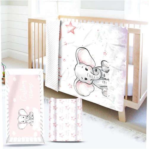 YISMEET Custom Name Crib Bedding Set - Starry Sky Elephant Design, Personalized Baby Nursery Bedding 3-Piece Set– Soft Blanket, Fitted Sheet, Changing Pad Cover – for Newborns Girls Nursery Gifts