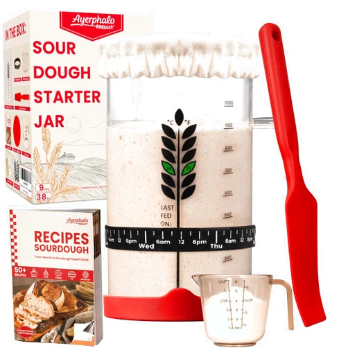 Ayerphalo Sourdough Starter Kit - 38oz with Cookbook, Measuring Cup, Spatula, Wide Mouth Jar Cover, Thermometer, Date Marked Feeding Band, Glass Jar for Baker, Bread Baking Supplies