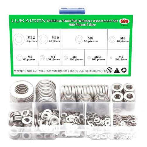 LuKaiSen 304 Stainless Steel Flat Washers Set 580 Pieces, 9 Sizes - M2 M2.5 M3 M4 M5 M6 M8 M10 M12 Suitable for Home Decoration, Factories Repair, Kitchens, Shops and Outdoor Construction