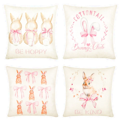 Houuqe Easter Throw Pillow Covers 18 x 18Inch Set of 4, Be Hoppy Rabbit Throw Pillow Cover, Pink Bow Bunny Throw Pillowcase Easter Bunny Cushion Case for Sofa Couch