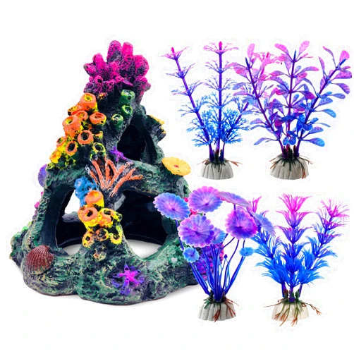 GSD Aquarium Colorful Coral Reef Set Fish Tank Decoration Mountain Ornament for Aquarium Environments Decor Accessories, Coral Mountain x 1, Aquatic Plant x 4