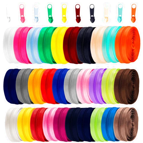 Hoteam 90 Yards 30 Pcs Sewing Zippers Bulk #5 Nylon for Sewing Assorted Colorful Nylon Coil Zipper with 300 Plastic Zipper Sliders Heads for DIY Tailor Crafts Supplies, 30 Color