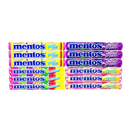 Generic Chewy Mint Dragees Candy Roll - Party Pack 4 Types Colorful Flavor Fruity Total of 12 Rolls Crunchy Non Melting Fruit Rainbow Sourmix and Grapes