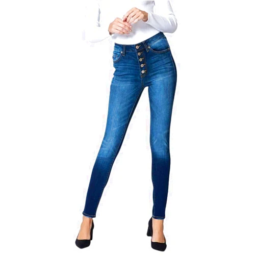 Kan Can Women's High Rise Button Fly Distressed Super Skinny Jeans
