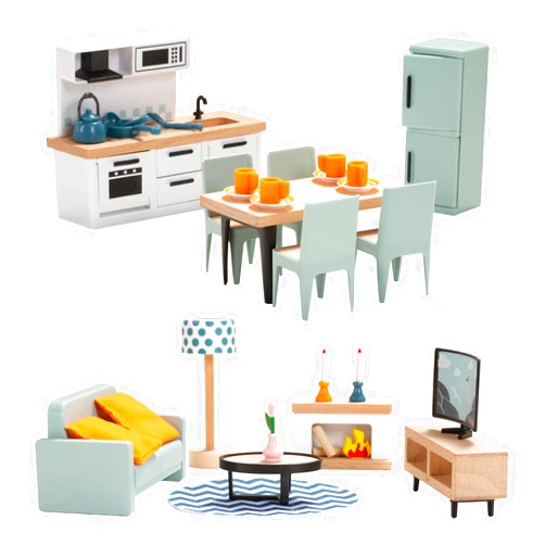 Giant bean 35 PCS Wooden Plastic Dollhouse Furniture Set, Kitchen and Living Room Set, Blue Dollhouse Accessories Pretend Play Furniture Toys for Boys Girls & Toddlers