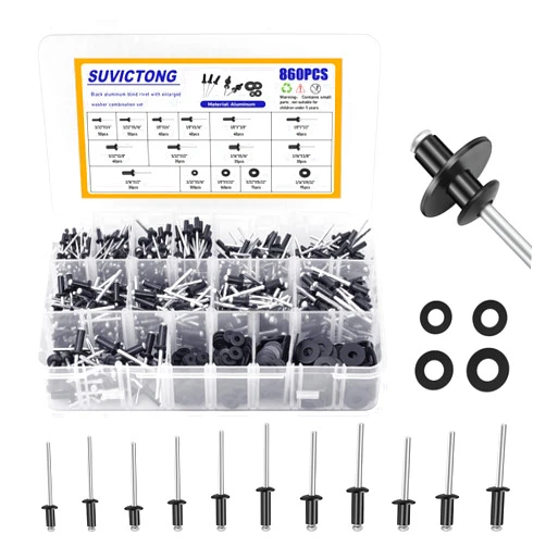 SUVICTONG 860Pcs Pop Rivets Assortment Kit, Black Rivets Assortment 3/32