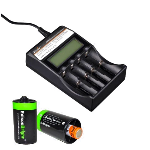 Fenix are-C2 Four Bays Li-ion/Ni-MH Advanced Universal Smart Battery Charger with Two Edisonbright AA->D Battery Spacer Shells