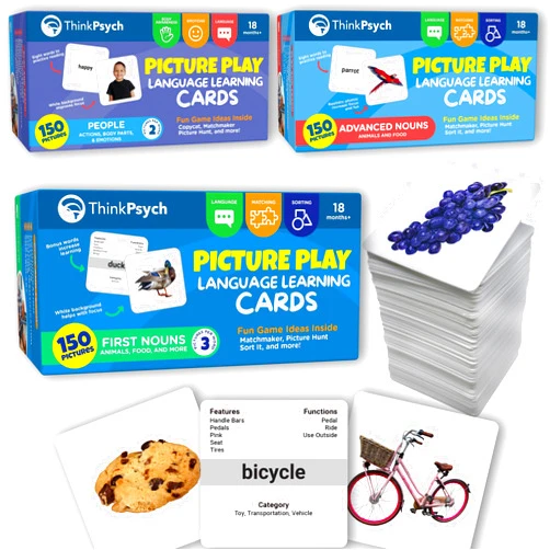 ThinkPsych Picture Play Flash Cards for Toddlers 2-4 Years - 450 Picture Cards Language Builder Bundle - Animals, Body Parts, Emotions, Food, Vegetables - Preschool, ABA, Speech Therapy Materials