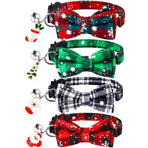 LLHK 4 Pack Christmas Cat Collars with Bow Tie and Bell,Breakaway Kitten Collar for Girl Boy Cats,Adjustable 7-12inch, for Kitty Kitten Adult Cats,Pet Supplies,Stuff,Accessories
