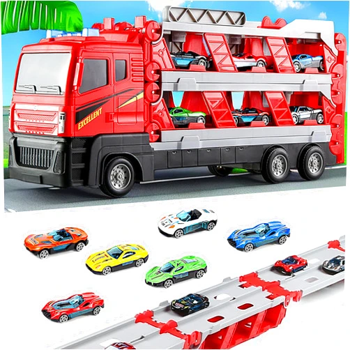 SIBOYL Mega Hauler Truck with Ejection Race Track, Boys Girls Kids Toys for Ages 5-7, 7-in-1 Transformer Toy Trucks with 6 Metal Race Cars, Music & Lights Trcuk Boys Toys Age 4-6, Toys for Ages 8-13