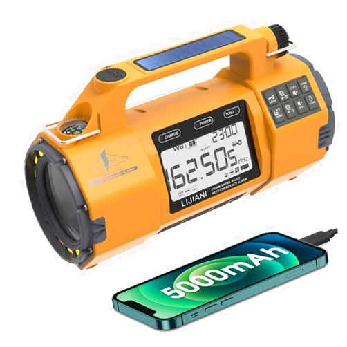 LIJIANI Emergency FM/AM/SW Weather Radio, Big Flashlight/Speaker,Type-C,Sleep Timer Alarm Clock, Solar Hand Crank Charge, 5000mAh Replaceable Battery,Cell Phone Charger Hurricane Survival kit