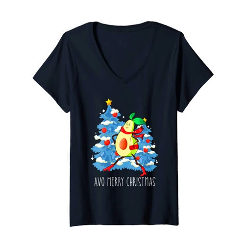 Santa Hat Avocado Merry Christmas Womens Avocado Merry Christmas Vegan Pajama Funny Xmas V-Neck T-Shirt