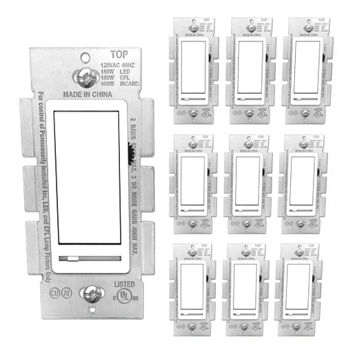 BESTTEN 10 Pack Dimmer Light Switch, Single Pole or 3-Way, Slide Dimmer Switches, Compatible with Dimmable LED, CFL, Incandescent and Halogen Bulb, Neutral Wire Not Required, 120VAC, UL Listed, White