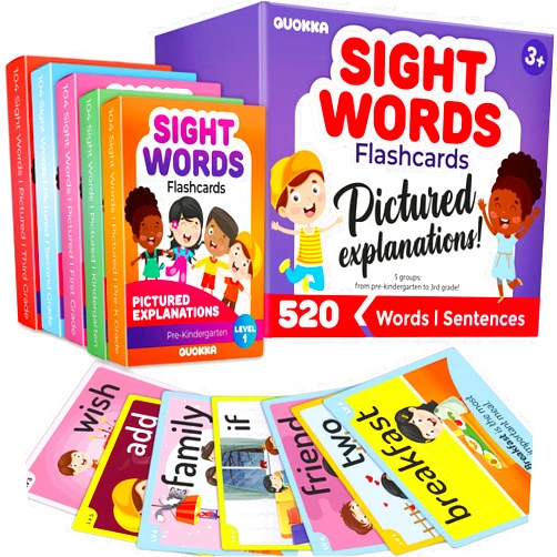 QUOKKA 520 Sight Words Flash Cards with Images & Sentences – Based on Dolch Sight Words Lists for Reading Fluency – Kindergarten Flash Cards for Pre-K to 3rd Grade - Color-Coded Vocabulary Set