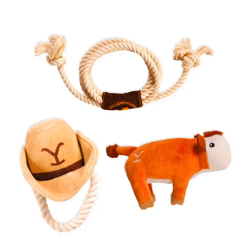 Design LAB, Inc. Official Yellowstone Merchandise | Indoor Dog Toy Bundle Variety Gift Set | Lasso Rope, Plush Squeaky Brown Cow, and Cowboy Hat with Tug Rope