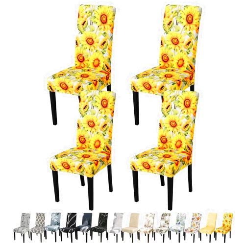 JQinHome Pattern Chair Covers for Dining Room Set of 4, High Stretch Removable Washable Parsons Chair Slipcover for Home Party Hotel Wedding Ceremony (Sunflower,4PCS)
