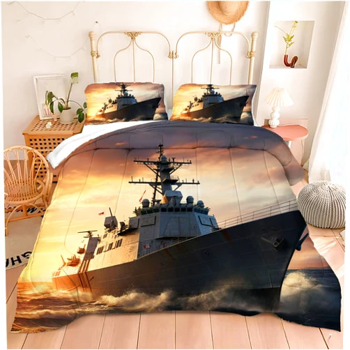 Motorax Military Combat Ship Down Comforter, Army 3D Warship in The Sea Bedding Set for Kids Boys Teens Men Bedroom, Full Size 1 Comforter 2 Pillowcases
