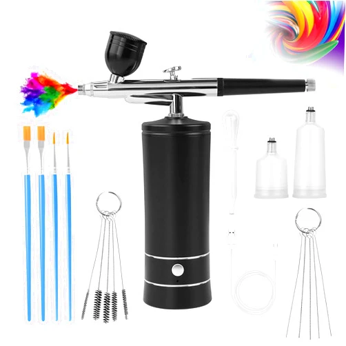 Crpen Airbrush-Kit Air Brush Kit With Airbrush Compressor Nail Charms Wireless Air Brush for Barber, Nail Art, Cake Decor, Makeup, Model Painting (Black)
