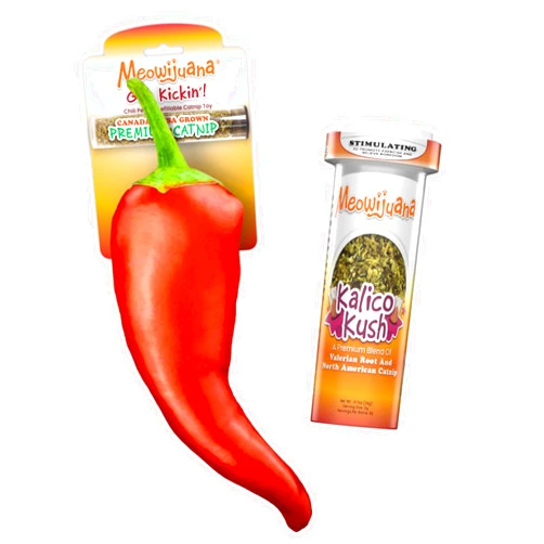 Meowijuana | Pepper Bundle | Get Kickin' Refillable Chili Pepper Toy and Kalico Kush Catnip Blend | Promotes Play and Cat Health | Includes North American Organic Catnip