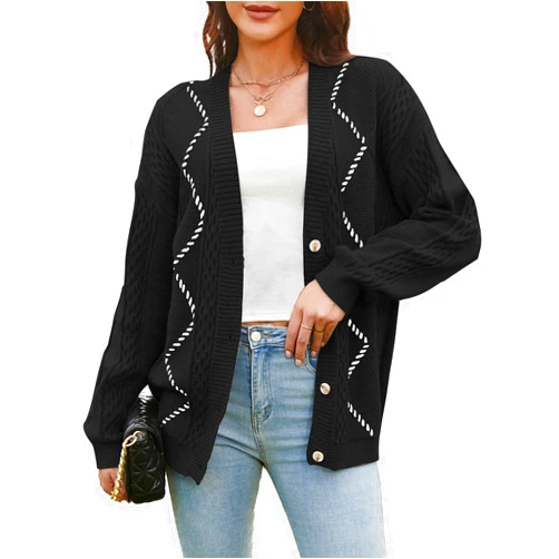 V FOR CITY Cable Knit Cardigan Women Chunky Sweater Cardigans Contrast Color Long Sleeve Coats 2024 Fall Winter