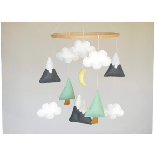 RainbowSmileShop Mountains Baby Mobile Baby Crib Mobile Modern Nursery mobile Felt Mountains and Tree nursery decor Cloud Cot Mobile Mint Gray