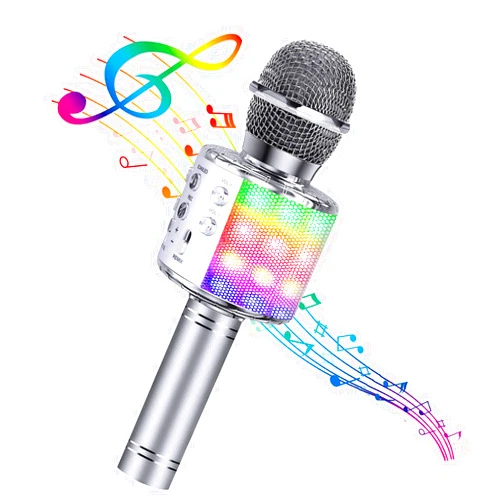 BlueFire 4 in 1 Karaoke Wireless Microphone with LED Lights, Portable Microphone for Kids, Great Gifts Toys for Kids, Girls, Boys and Adults (Silver)