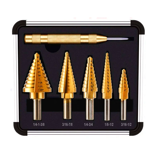 Knoweasy Step Drill Kit - 5PCS HSS Titanium Step Drill with Automatic Center Punch and 50 Sizes of High-Speed Steel Step Drills for Multiple Hole Drilling