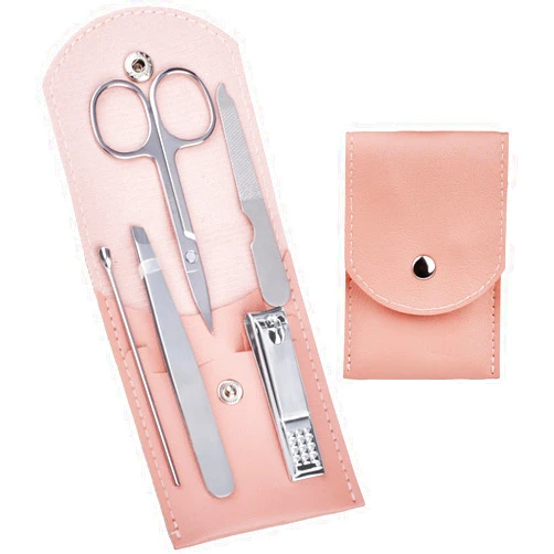 HANTEKAS Travel Manicure Set Professional Nail Clipper Kit-5 Pieces Stainless Steel Manicure Kit, Women Men Grooming kit With Nail Care Tools Beauty Scissors Tweezers (Silver Pink)