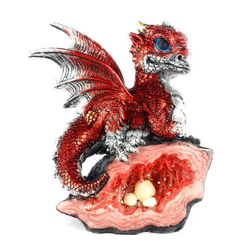 Ain't it Nice Ain’t It Nice Dragon Statue Medieval Baby Dragon with Crystal Egg Nest Decorative Figurine Geode Sparkling Crystal Cave Dragon Figurine Collectible Fantasy, Red 4(L) 2(W) 5(H) inches
