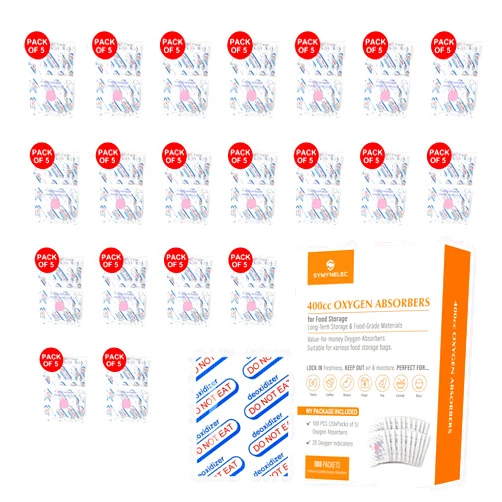 SYMYNELEC 400cc Oxygen Absorbers for Food Storage, 100 Count (20x Packs of 5), O2 Absorber for Long Term Food Storage & Survival Vacuum Mylar Bags Canning Dehydrated Airtight Container Freeze Dryer