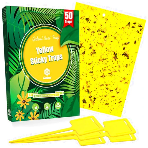 Gideal 50-Pack Dual-Sided Yellow Sticky Traps for Flying Plant Insect Such as Fungus Gnats, Whiteflies, Aphids, Leafminers,Thrips - (6x8 Inches, Included 50pcs Twist Ties)