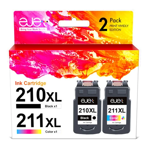 ejet Remanufactured 210XL 211XL Combo Pack Replacement for Canon 210 XL and 211 XL Ink Cartridges 210XL Black Ink Cartridge Work with PIXMA MX410 MX280 MX250 MP490 MP495 MX330 MX340 (1 Black, 1 Color)
