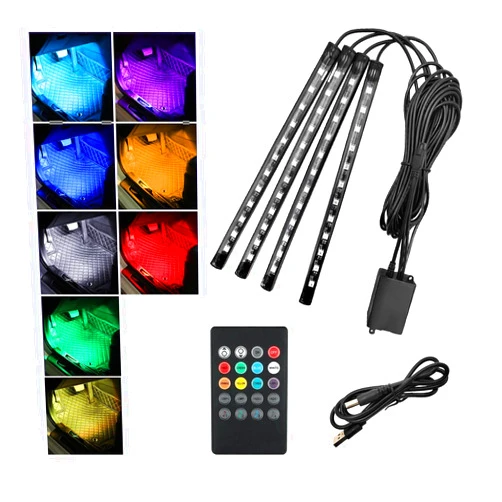 Povtii Car Led Interior Lights, RBG 48 LED Multicolor Music Auto Interior Strip Light with Remote Control, Waterproof Lighting Lamp Kit Under Dash with Charger, Car Accessories (USB)
