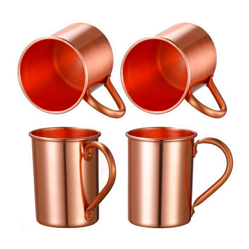 Cocktail Geek Pure Copper Moscow Mule Mugs, Set of 4, Handmade, Straight Smooth Finish, Riveted Handle