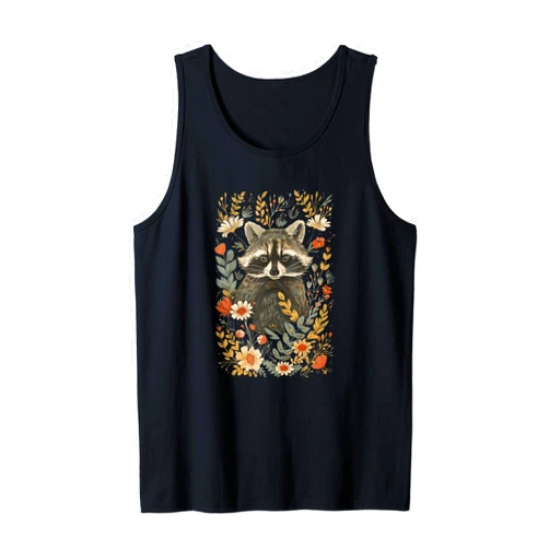 Raccoon Cottagecore Aesthetic Animal Designs Cute Raccoon Cottagecore Botanical Flowers Nature Whimsical Tank Top