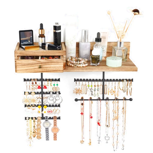 VINAEMO Jewelry Organizer Hanging Wall Mounted Jewelry Holder with Rustic Wood Drawer & Large Capacity Storage Shelf Rack Display for Earrings Rings Necklaces Bracelet