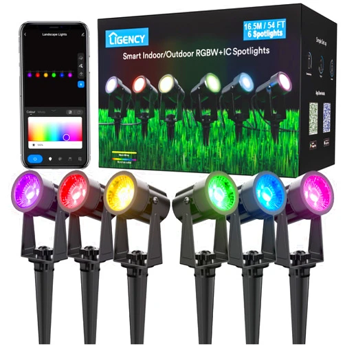 Ligency Smart Spot Lights Outdoor, Waterproof Low Voltage Landscape Lights Work with Alexa, APP Control, Music Sync, RGBW Color Changing Spotlights, Wired Electric Lighting for Garden Lawn Yard Party