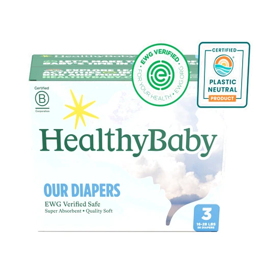 Healthybaby Our Diapers | EWG Verified Safe & Plant-Based Diapers | Absorbent for Leak Protection | Soft Organic Cotton Shell | Chlorine-Free Diaper for Sensitive Skin | Size 3 (58 Diapers)