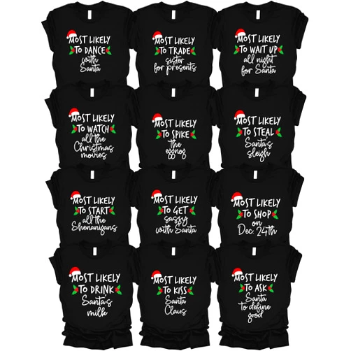 NICHEBEE Most Likely To Christmas Shirts For Family - 100 Quotes Family Matching Christmas Shirts - Funny Christmas T-Shirts Custom Text Personalized Tees for Christmas Party Reunion Couples Vacation (Design 3)