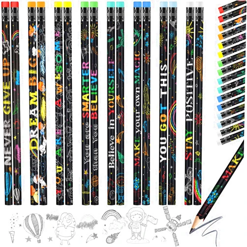 Pasimy 240 Pieces Bulk Inspirational Pencils Colorful Cute Motivational Pencil with Eraser Wood Fun Positive Pencils with Inspiring Words Sayings for Students Classrooms Favors Back to School