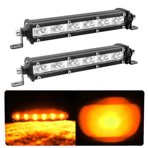 AUXMOTEC 7-inch 18W Amber Yellow Single Row Off-Road Led Light Bar Pods, Work Driving Fog Lights, 12V 24V Ultra-Slim Thin Waterproof Combo Flood Spot Lights for Truck ATV UTV Marine Tractor, 2X Amber, 36W