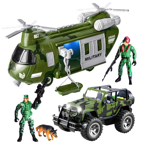 JOYIN Military Vehicles Toy Set of Friction Powered Transport Helicopter and Military Truck with Light and Sound Siren and Army Men Soldier Action Figures for Kids, Presents for Kids